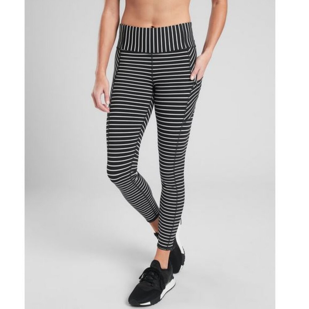 Athleta Navy Blue and White Stripe 7/8" Leggings with Pockets Women's Size S